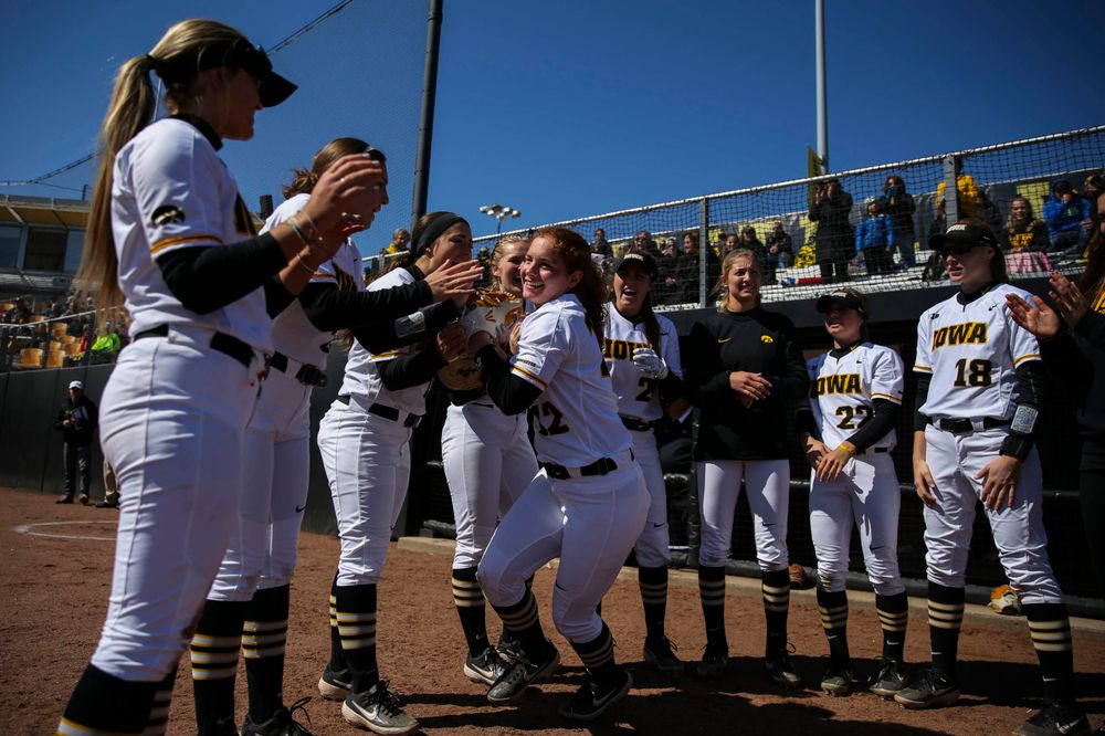 Iowa's Kate Claypool (12) at game 3 vs Northwestern on Sunday, March 31, 2019 at Bob Pearl Field. (Lily Smith/hawkeyesports.com)