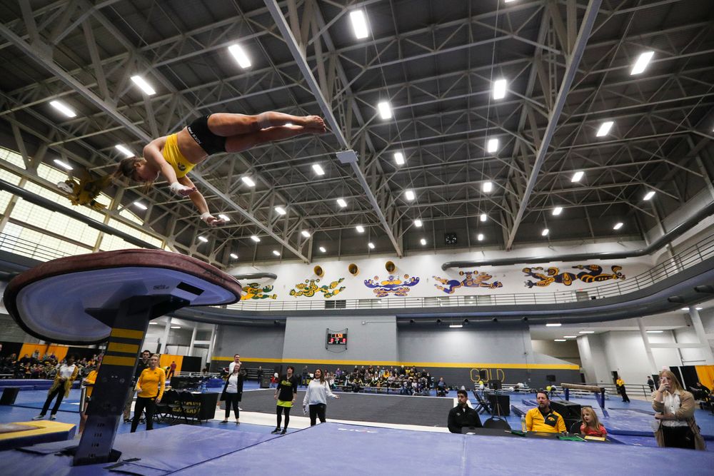 Erin Castle performs on the vault during the Iowa women’s gymnastics Black and Gold Intraquad Meet on Saturday, December 7, 2019 at the UI Field House. (Lily Smith/hawkeyesports.com)
