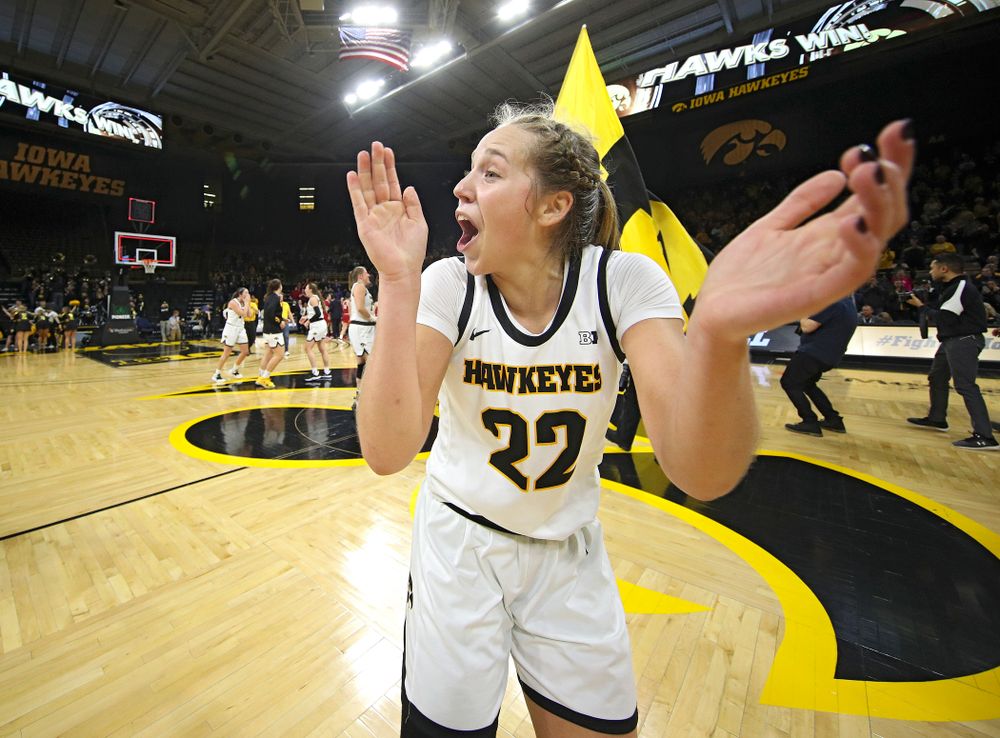 Iowa Hawkeyes guard Kathleen Doyle (22) celebrates after their double overtime win at Carver-Hawkeye Arena in Iowa City on Sunday, January 12, 2020. (Stephen Mally/hawkeyesports.com)