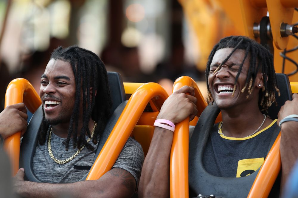 Iowa Hawkeyes defensive back Devonte Young (17), and wide receiver Brandon Smith (12) ride Falcon's Fury during an Outback Bowl team event Saturday, December 29, 2018 at Busch Gardens in Tampa, FL. (Brian Ray/hawkeyesports.com)
