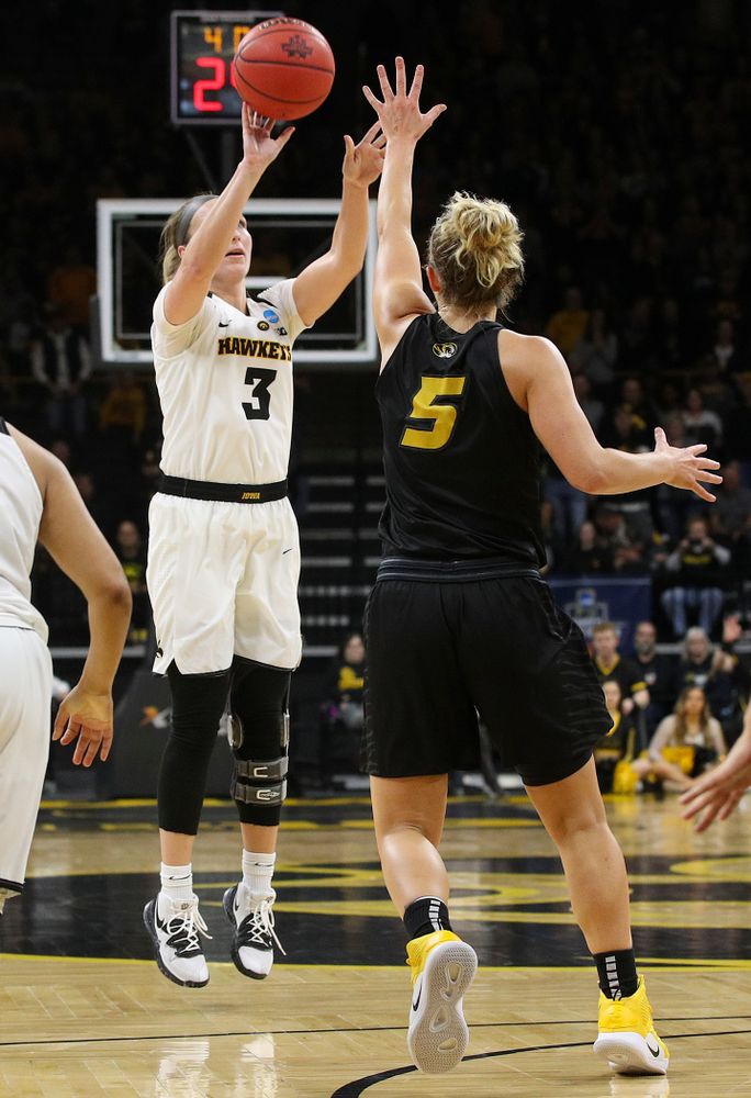 Iowa Hawkeyes guard Makenzie Meyer (3) makes a 3-pointer during the second quarter of their second round game in the 2019 NCAA Women's Basketball Tournament at Carver Hawkeye Arena in Iowa City on Sunday, Mar. 24, 2019. (Stephen Mally for hawkeyesports.com)