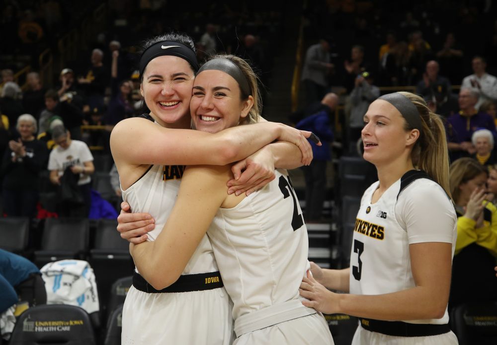 Iowa Hawkeyes forward Megan Gustafson (10) and forward Hannah Stewart (21) against the Northern Iowa Panthers in the Hy-Vee Classic Sunday, December 16, 2018 at Carver-Hawkeye Arena. (Brian Ray/hawkeyesports.com)