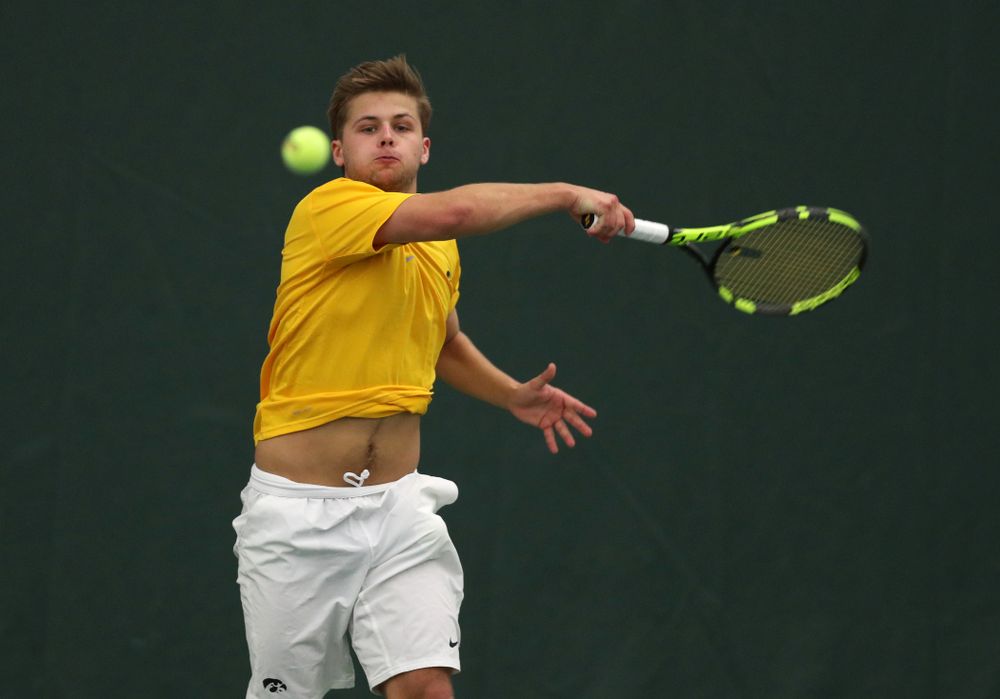 Will Davies against Utah Sunday, February 10, 2019 at the Hawkeye Tennis and Recreation Complex. (Brian Ray/hawkeyesports.com)
