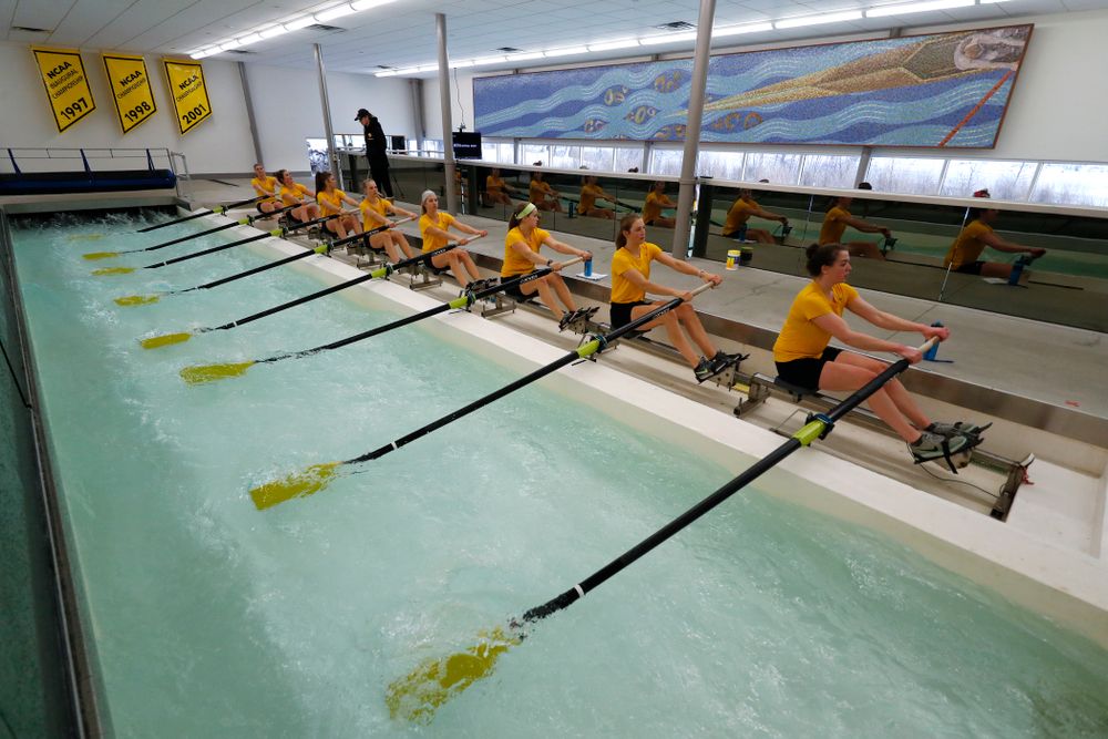 Members of the Iowa Rowing Team workout in the indoor rowing tank at the P. Sue Beckwith, M.D., Boathouse Monday, February 12, 2018 in Iowa City. (Brian Ray/hawkeyesports.com)