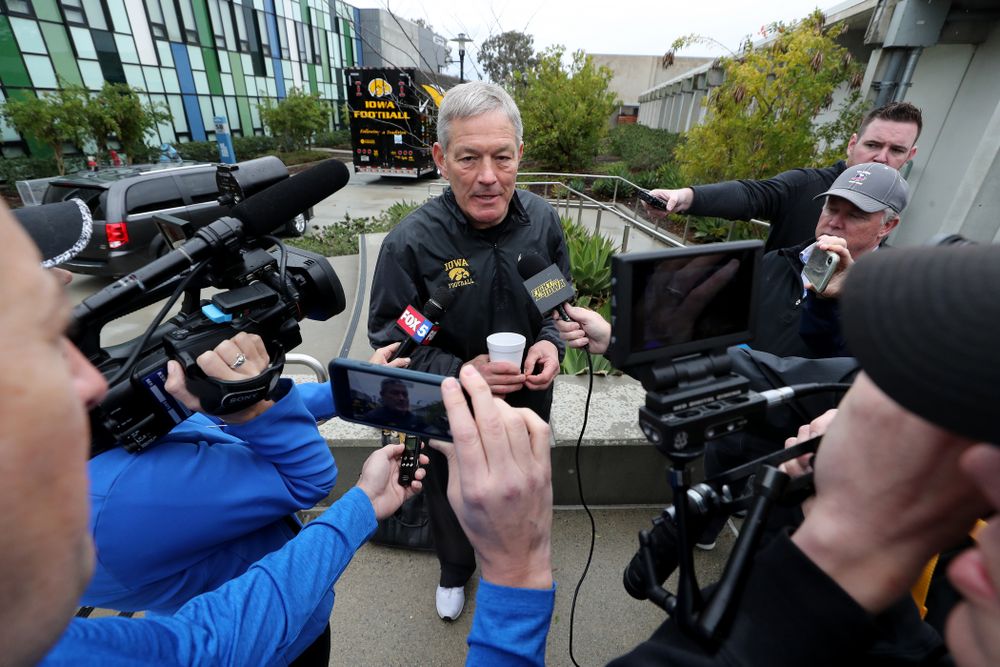 Iowa Hawkeyes head coach Kirk Ferentz answers questions from reporters following practice Monday, December 23, 2019 at Mesa College in San Diego. (Brian Ray/hawkeyesports.com)