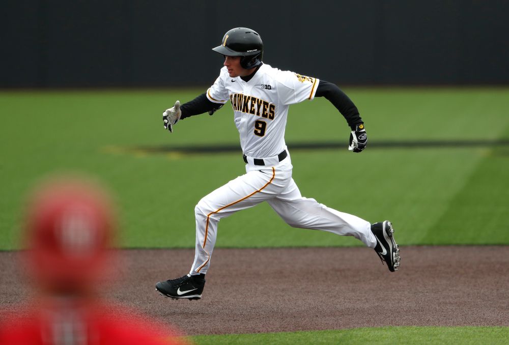 Iowa Hawkeyes outfielder Ben Norman (9) during a double header against the Indiana Hoosiers Friday, March 23, 2018 at Duane Banks Field. (Brian Ray/hawkeyesports.com)
