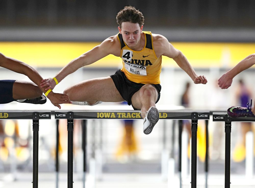 Iowa’s Gratt Reed runs the men’s 60 meter hurdles event at the Black and Gold Invite at the Recreation Building in Iowa City on Saturday, February 1, 2020. (Stephen Mally/hawkeyesports.com)