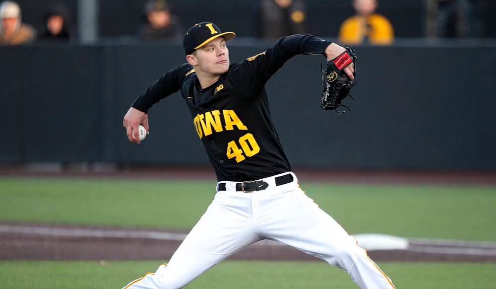 Iowa pitcher Jack Guzek (40) delivers to the plate during the fifth inning of their game at Duane Banks Field in Iowa City on Tuesday, March 3, 2020. (Stephen Mally/hawkeyesports.com)
