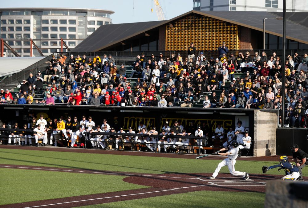 Iowa Hawkeyes outfielder Robert Neustrom (44) against the Michigan Wolverines Friday, April 27, 2018 at Duane Banks Field in Iowa City. (Brian Ray/hawkeyesports.com)