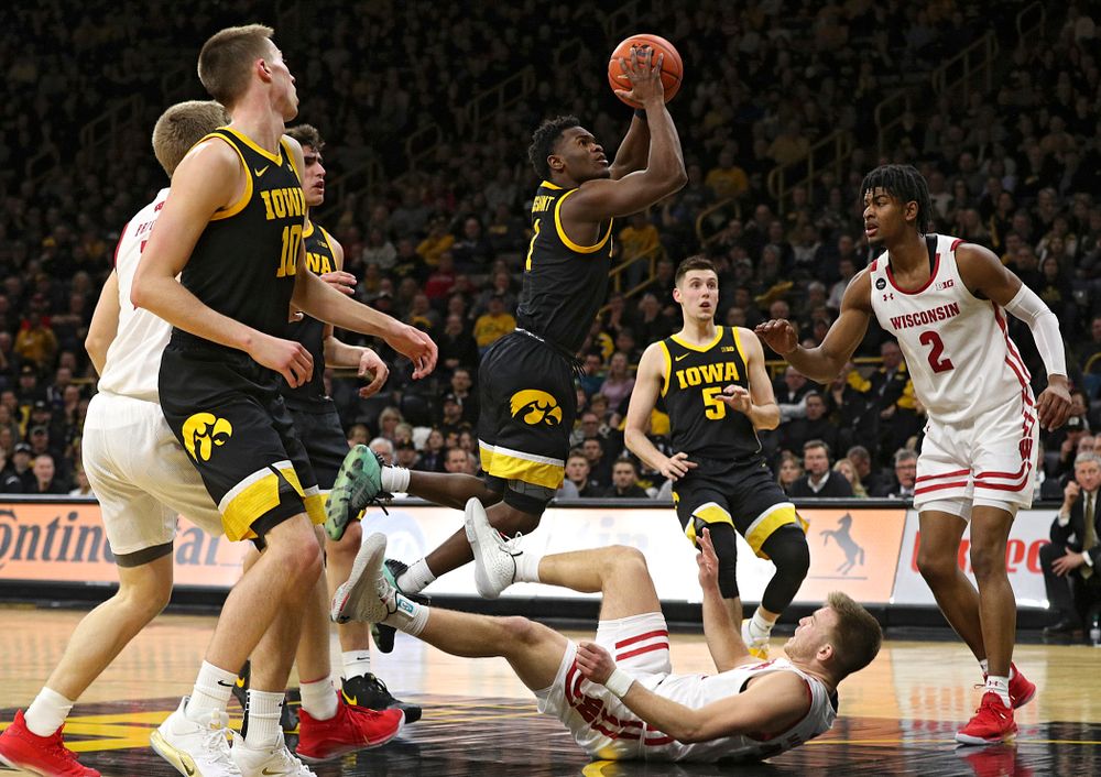 Iowa Hawkeyes guard Joe Toussaint (1) makes a basket during the second half of their game at Carver-Hawkeye Arena in Iowa City on Monday, January 27, 2020. (Stephen Mally/hawkeyesports.com)