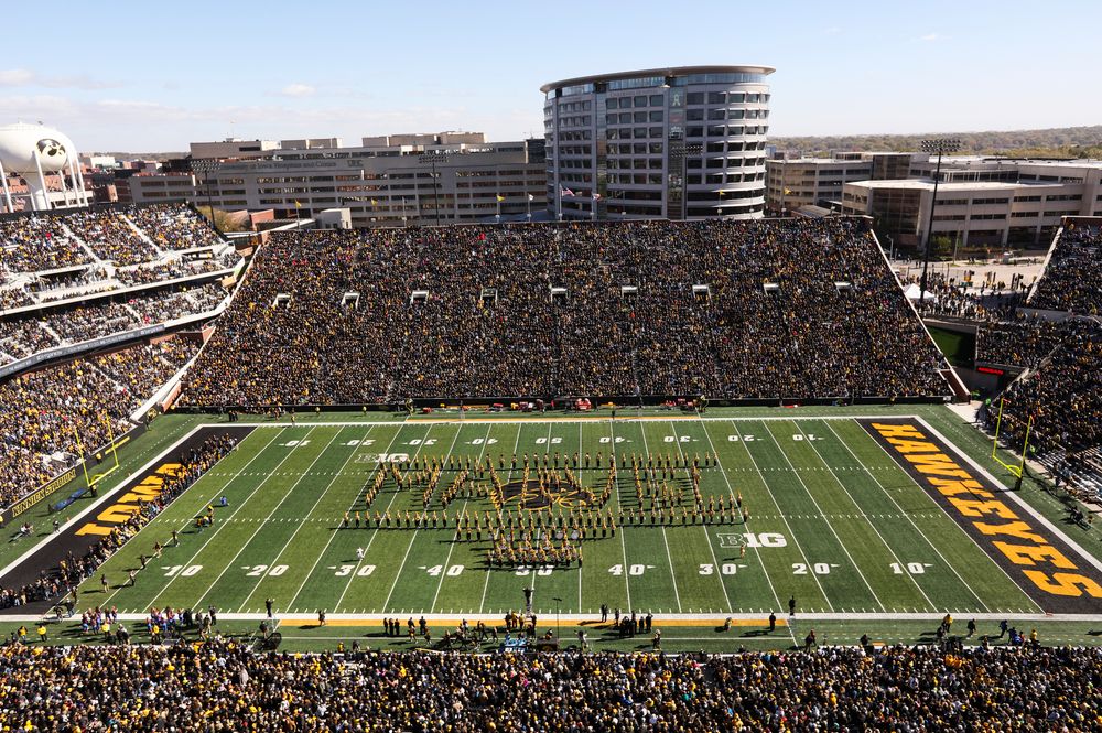 The Iowa Hawkeye Marching Band performs at halftime during a game against Maryland at Kinnick Stadium on October 20, 2018. (Tork Mason/hawkeyesports.com)