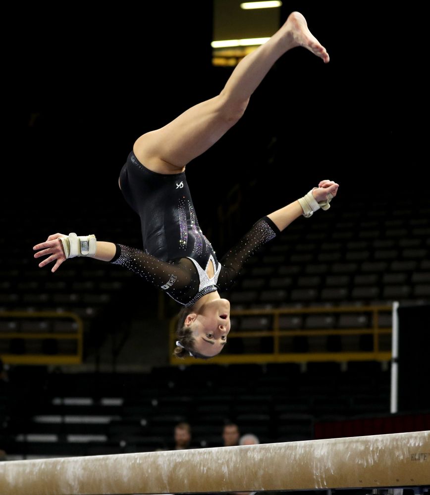 Iowa’s Allie Gilchrist competes on the beam against Michigan State Saturday, February 1, 2020 at Carver-Hawkeye Arena. (Brian Ray/hawkeyesports.com)