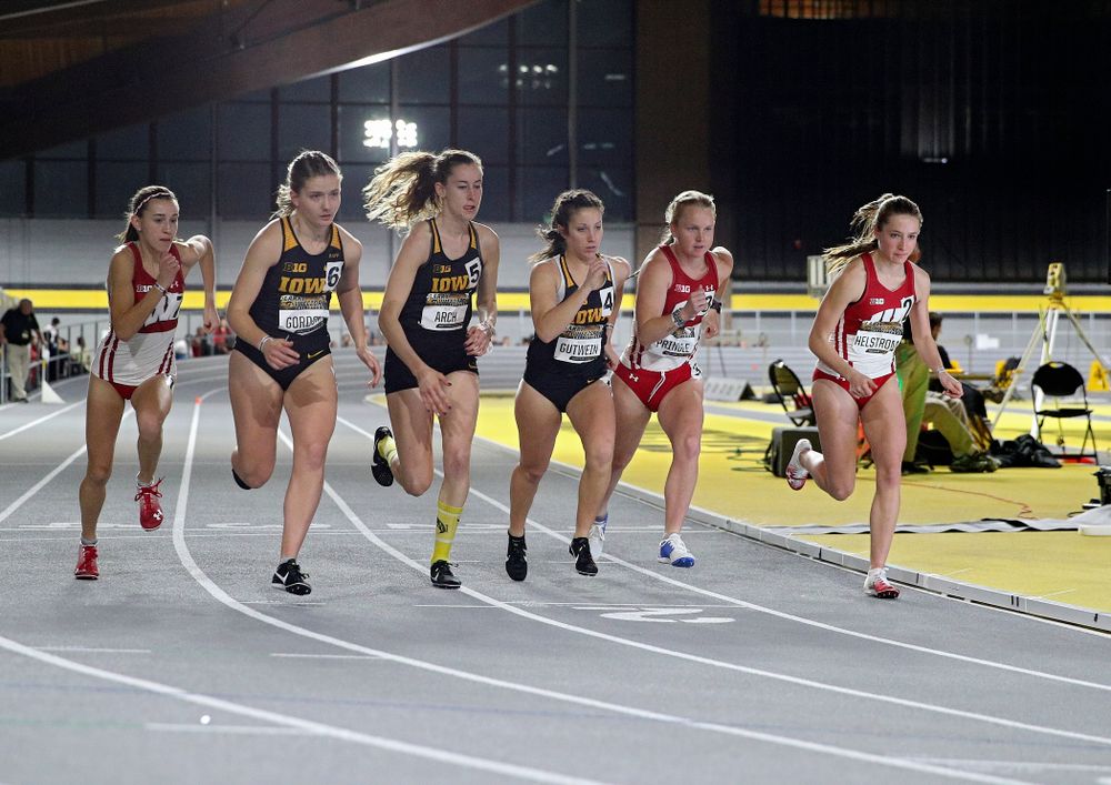 Iowa’s Emma Gordon (from left), Mary Arch, and Maggie Gutwein run the women’s 3000 meter run event during the Larry Wieczorek Invitational at the Recreation Building in Iowa City on Friday, January 17, 2020. (Stephen Mally/hawkeyesports.com)