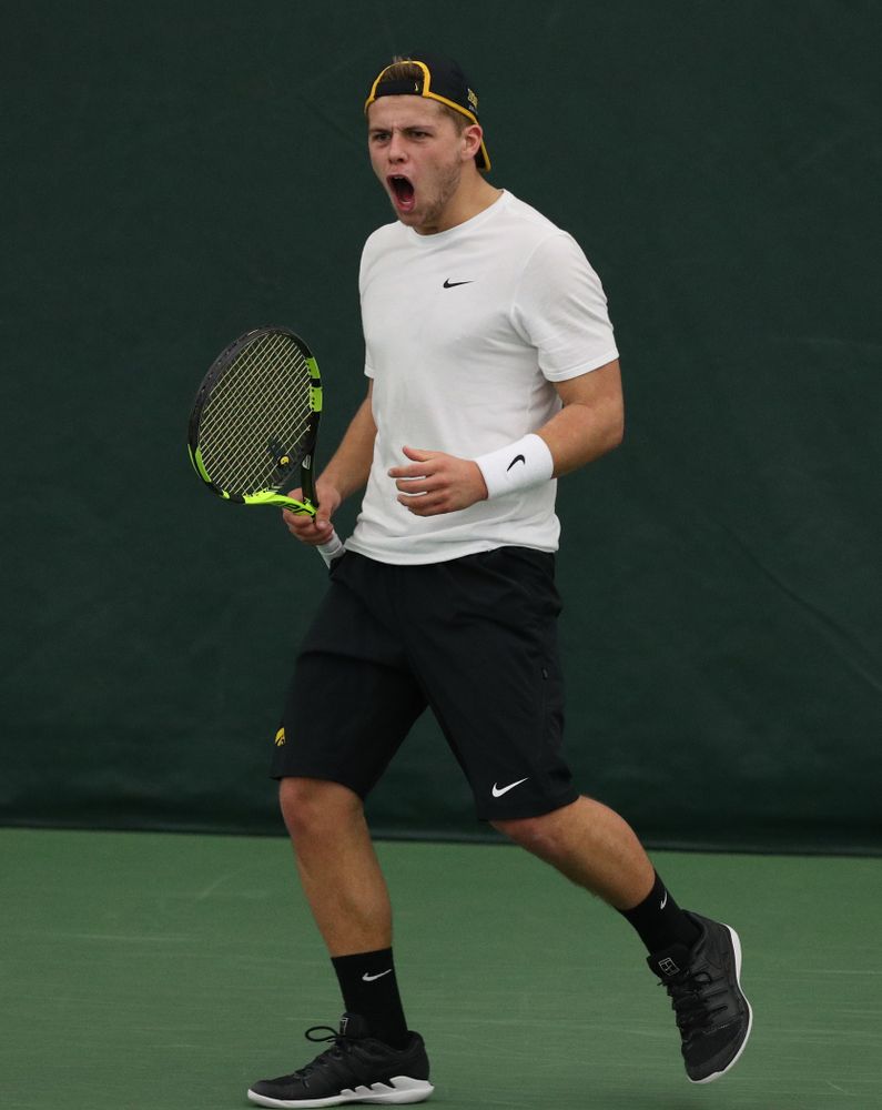 Iowa's Will Davies against UMKC Friday, February 15, 2019 at the Hawkeye Tennis and Recreation Complex. (Brian Ray/hawkeyesports.com)