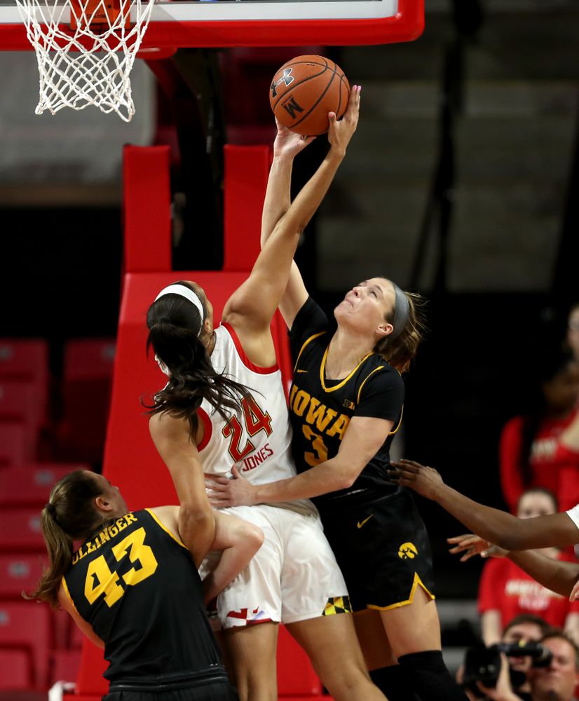 Iowa Hawkeyes guard Makenzie Meyer (3) against the Maryland Terrapins Thursday, February 13, 2020 at the Xfinity Center in College Park, MD. (Brian Ray/hawkeyesports.com)