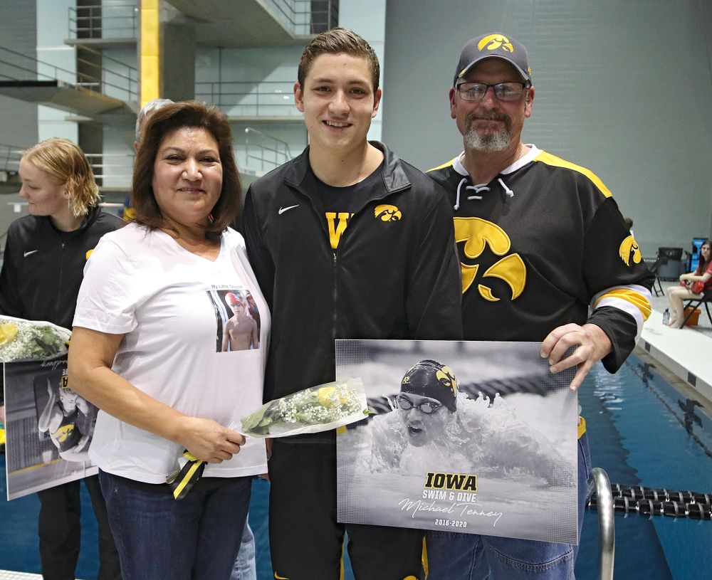 Iowa’s Michael Tenney is honored on senior day before their meet at the Campus Recreation and Wellness Center in Iowa City on Friday, February 7, 2020. (Stephen Mally/hawkeyesports.com)