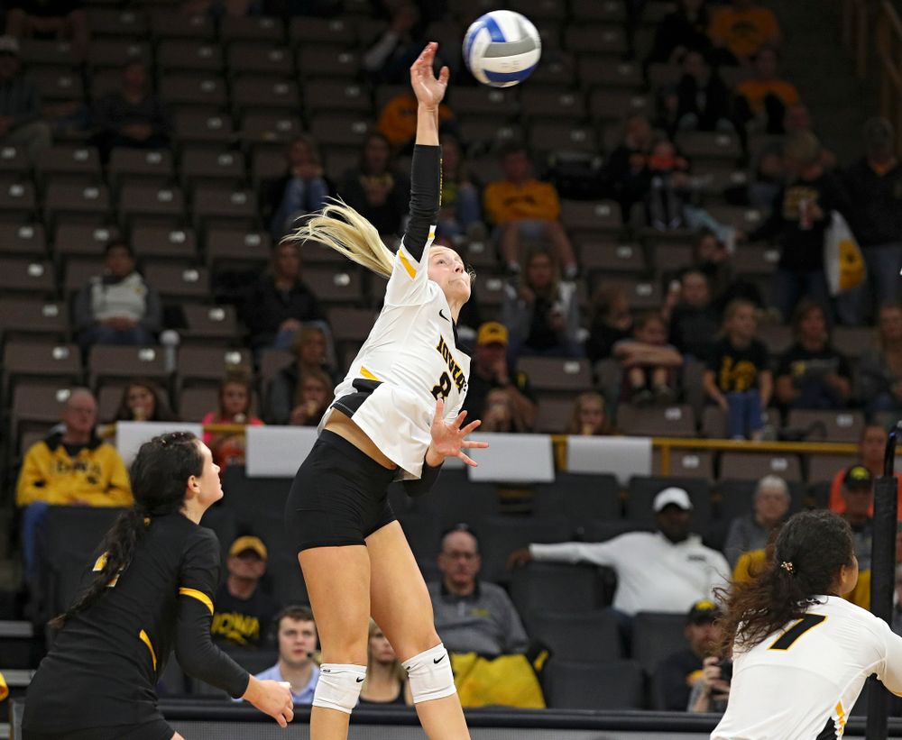 Iowa’s Kyndra Hansen (8) goes up for a kill during the third set of their volleyball match at Carver-Hawkeye Arena in Iowa City on Sunday, Oct 13, 2019. (Stephen Mally/hawkeyesports.com)