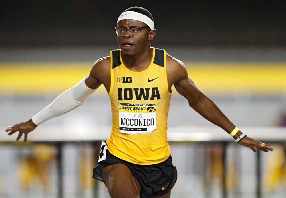 Iowa’s Jaylan McConico runs the men’s 60 meter hurdles event during the Jimmy Grant Invitational at the Recreation Building in Iowa City on Saturday, December 14, 2019. (Stephen Mally/hawkeyesports.com)