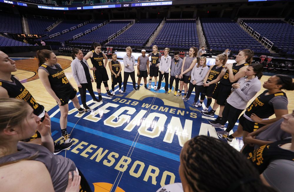 The Iowa Hawkeyes following practice for their Sweet 16 matchup against NC State Friday, March 29, 2019 at the Greensboro Coliseum in Greensboro, NC.(Brian Ray/hawkeyesports.com)