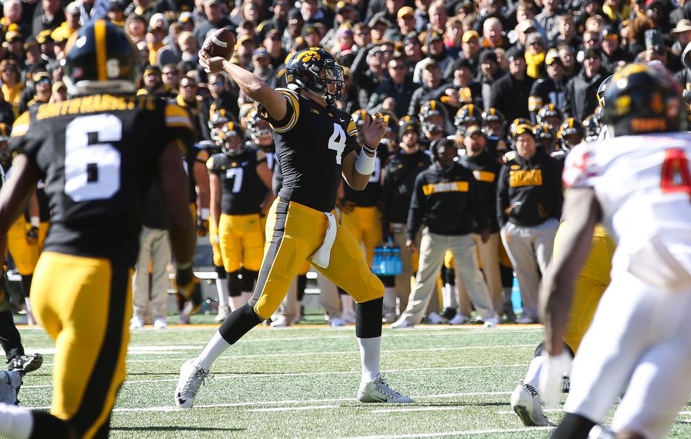 Iowa Hawkeyes quarterback Nate Stanley (4) passes the ball during a game against Maryland at Kinnick Stadium on October 20, 2018. (Tork Mason/hawkeyesports.com)