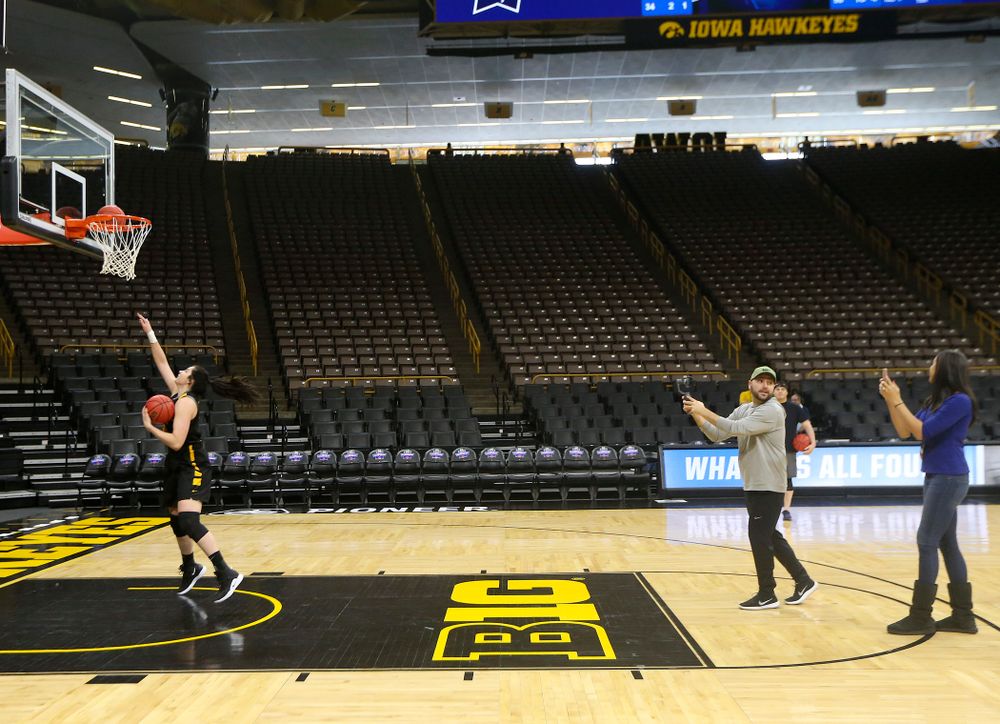 Iowa Hawkeyes forward Megan Gustafson (10) runs a drill for ESPN at a practice during the 2019 NCAA Women's Basketball Tournament at Carver Hawkeye Arena in Iowa City on Saturday, Mar. 23, 2019. (Stephen Mally for hawkeyesports.com)