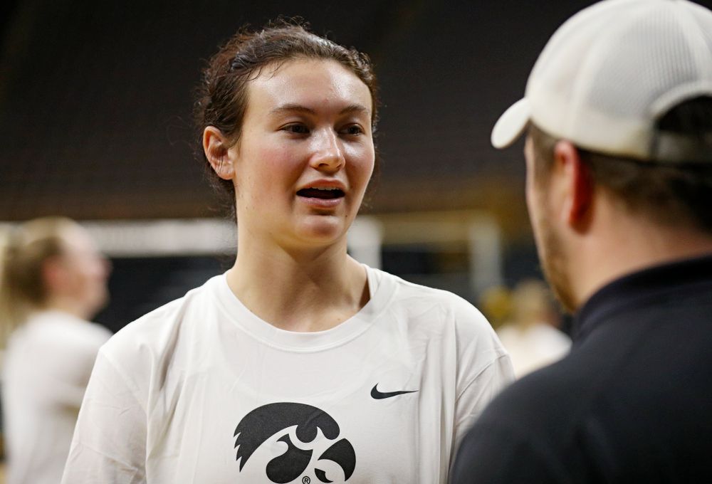 Iowa’s Halle Johnston (4) answers questions during Iowa Volleyball’s Media Day at Carver-Hawkeye Arena in Iowa City on Friday, Aug 23, 2019. (Stephen Mally/hawkeyesports.com)