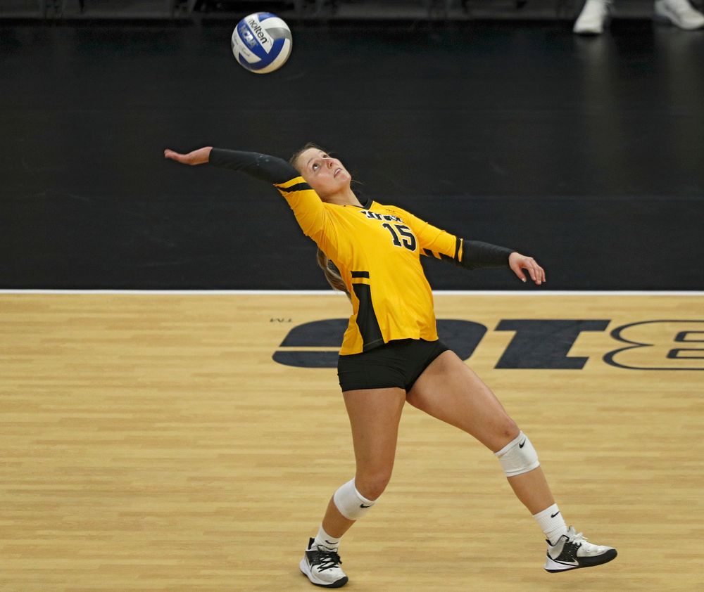 Iowa’s Maddie Slagle (15) reaches a ball during the third set of their match at Carver-Hawkeye Arena in Iowa City on Friday, Nov 29, 2019. (Stephen Mally/hawkeyesports.com)