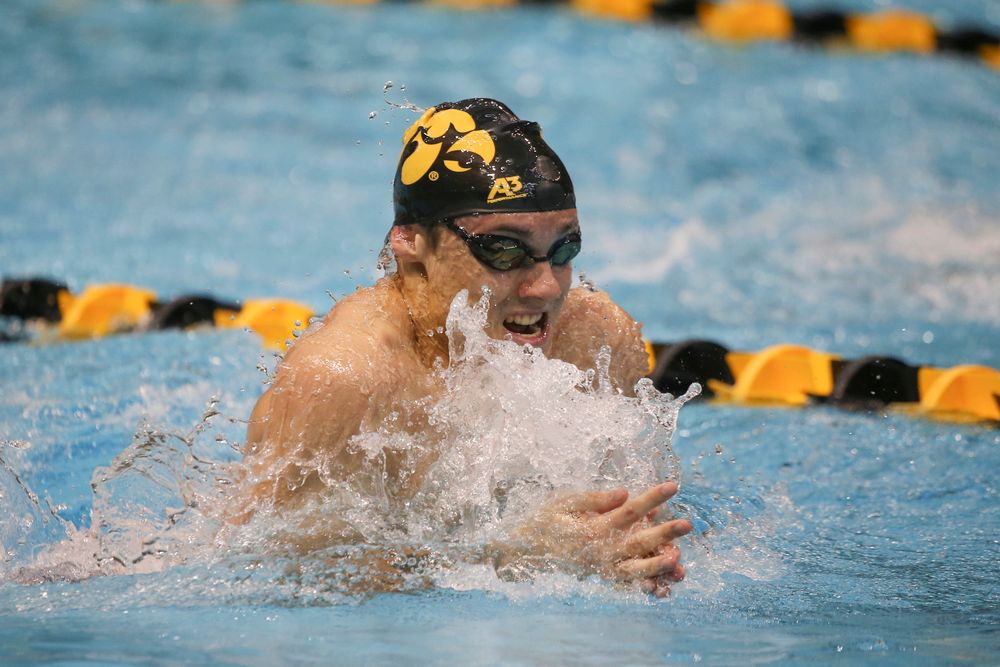 Iowa’s Daniel Swanepoel swims the 100-yard breaststroke during the Iowa swimming and diving meet vs Notre Dame and Illinois on Saturday, January 11, 2020 at the Campus Recreation and Wellness Center. (Lily Smith/hawkeyesports.com)