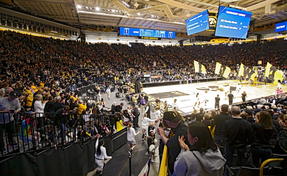 The Iowa Hawkeyes take the court for their second round game in the 2019 NCAA Women's Basketball Tournament at Carver Hawkeye Arena in Iowa City on Sunday, Mar. 24, 2019. (Stephen Mally for hawkeyesports.com)