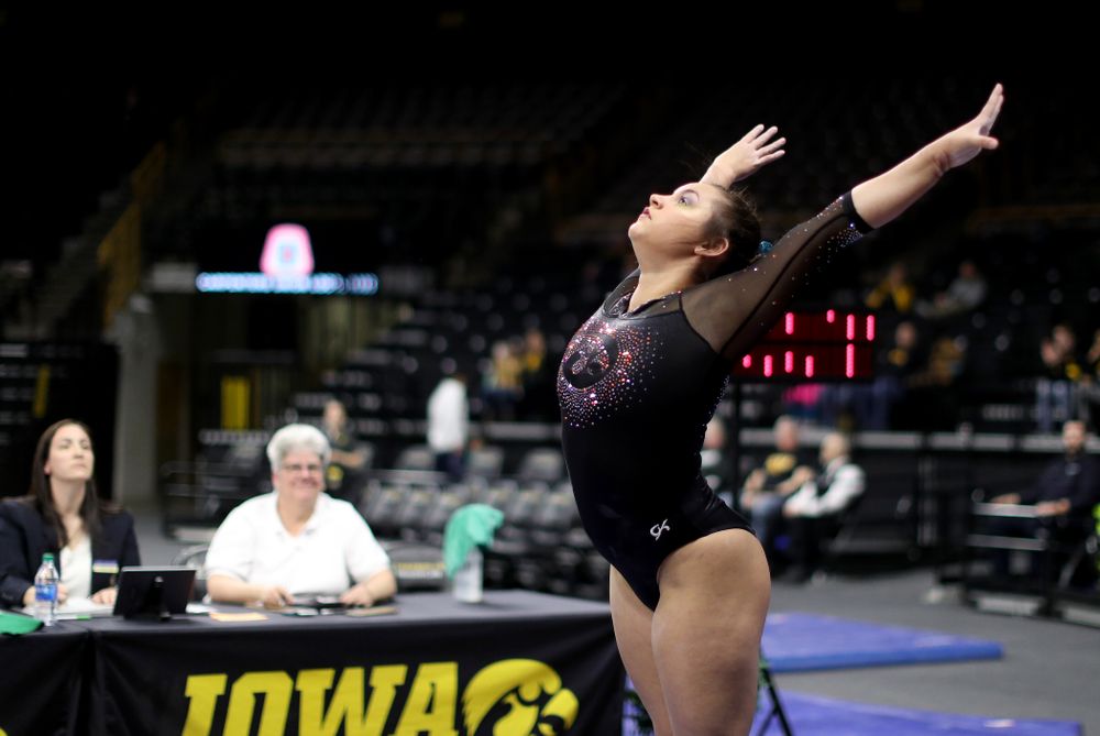 Iowa’s Daniela Castillo competes on the vault against Michigan Friday, February 14, 2020 at Carver-Hawkeye Arena. (Brian Ray/hawkeyesports.com)