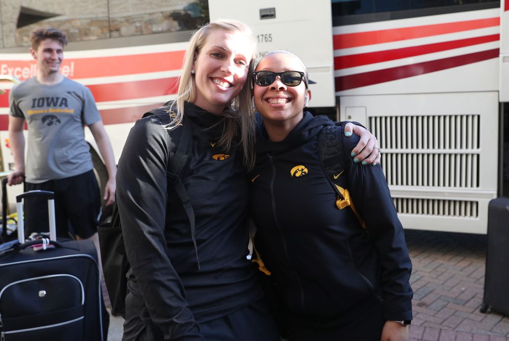 Iowa Hawkeyes guard Tania Davis (11) and trainer Lindsay Dinkelman arrives in Greensboro, NC for the Regionals of the 2019 NCAA Women's Basketball Championships Thursday, March 28, 2019 at the Eastern Iowa Airport. (Brian Ray/hawkeyesports.com)