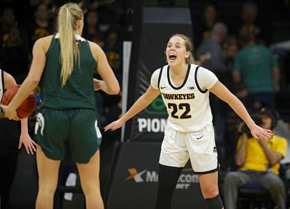Iowa Hawkeyes guard Kathleen Doyle (22) shouts during the fourth quarter of their game at Carver-Hawkeye Arena in Iowa City on Sunday, January 26, 2020. (Stephen Mally/hawkeyesports.com)