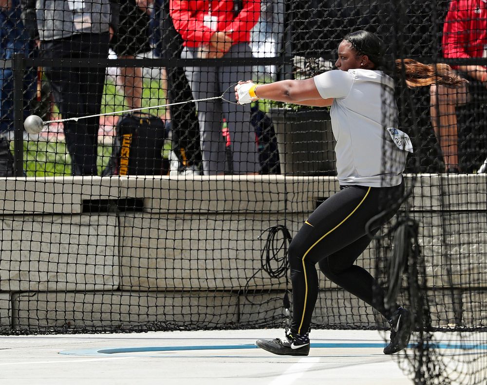 Iowa's Nia Britt throws during the women’s hammer throw event on the first day of the Big Ten Outdoor Track and Field Championships at Francis X. Cretzmeyer Track in Iowa City on Friday, May. 10, 2019. (Stephen Mally/hawkeyesports.com)