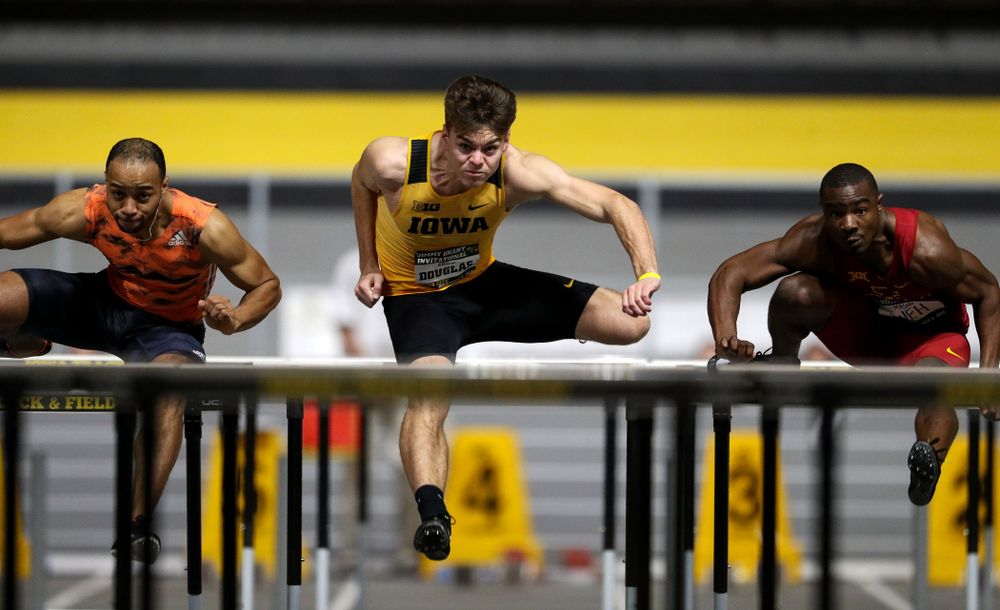 Iowa's Chris Douglas wins the 60-meter hurdles during the Jimmy Grant Invitational Saturday, December 8, 2018 at the Recreation Building. (Brian Ray/hawkeyesports.com)