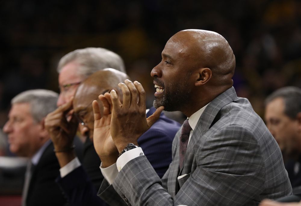 Iowa Hawkeyes assistant coach Andrew Francis against the Northwestern Wildcats Sunday, February 10, 2019 at Carver-Hawkeye Arena. (Brian Ray/hawkeyesports.com)