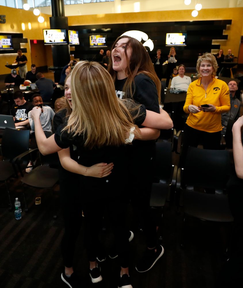 The Iowa Hawkeyes celebrate after finding out their seed in the 2018 NCAA Women's Basketball Tournament  