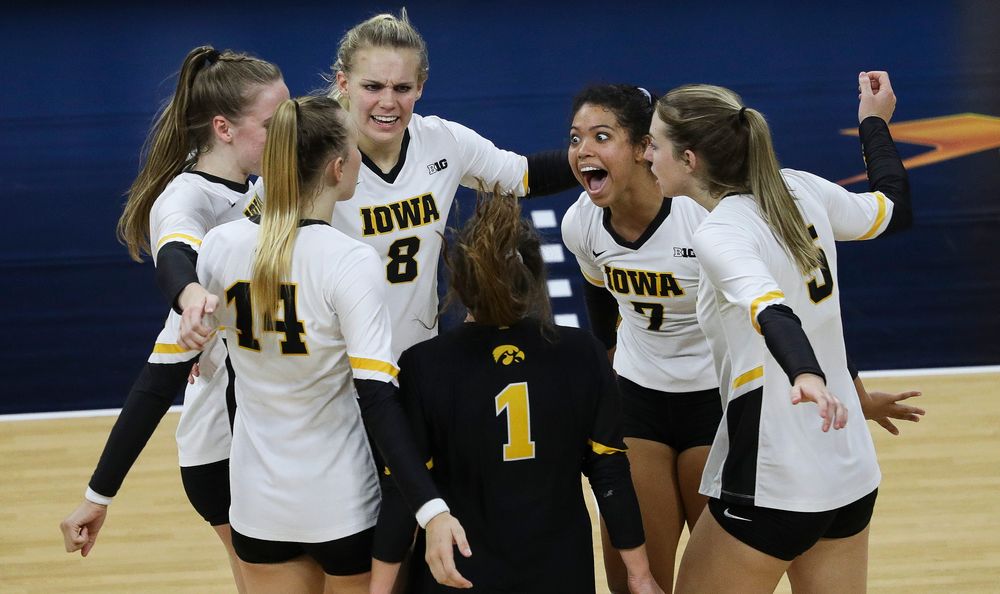 Iowa Hawkeyes setter Brie Orr (7) celebrates after winning a point during a match against Penn State at Carver-Hawkeye Arena on November 3, 2018. (Tork Mason/hawkeyesports.com)