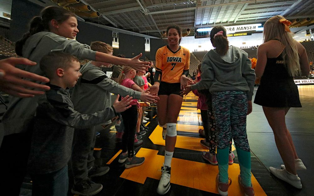 Iowa’s Brie Orr (7) is introduced before their match at Carver-Hawkeye Arena in Iowa City on Sunday, Oct 20, 2019. (Stephen Mally/hawkeyesports.com)