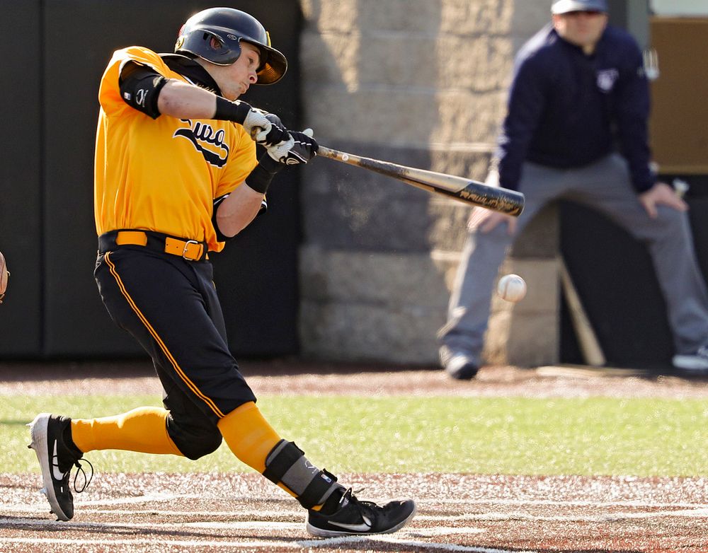 Iowa Hawkeyes second baseman Mitchell Boe (4) bats during the first inning of their game at Duane Banks Field in Iowa City on Tuesday, Apr. 2, 2019. (Stephen Mally/hawkeyesports.com)