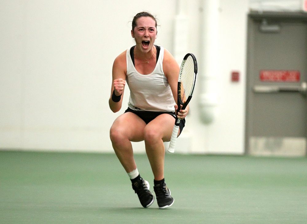 Iowa’s Samantha Mannix celebrates a point during her singles match at the Hawkeye Tennis and Recreation Complex in Iowa City on Sunday, February 23, 2020. (Stephen Mally/hawkeyesports.com)