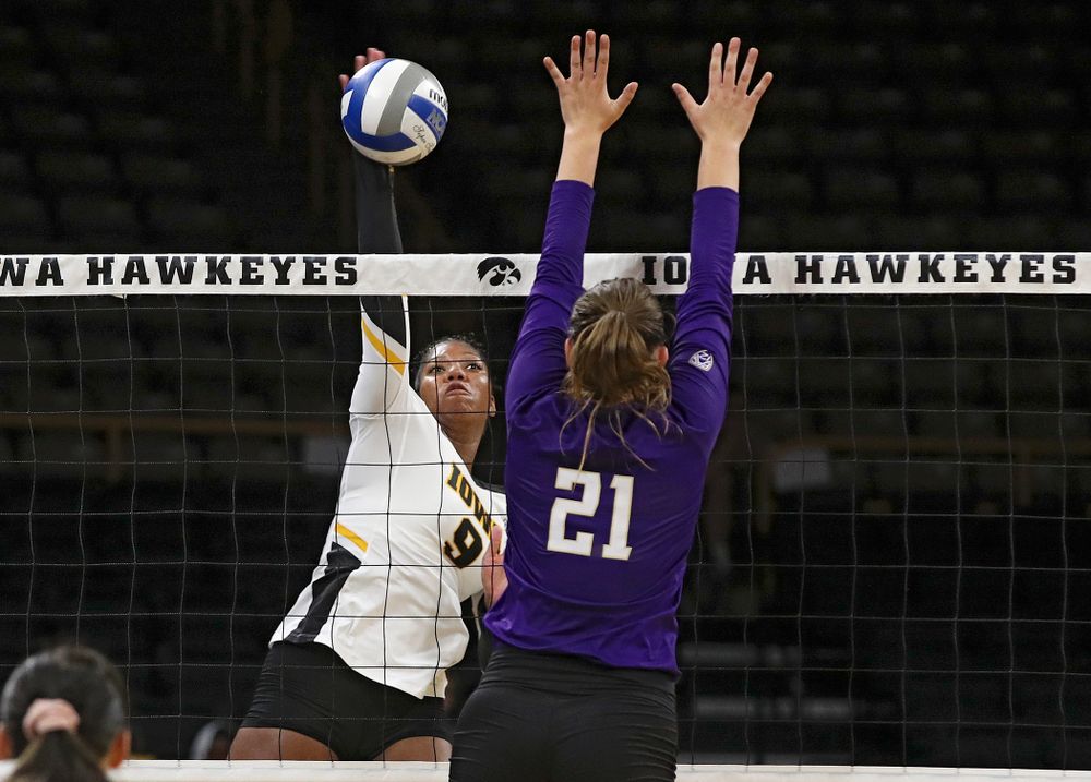 Iowa’s Amiya Jones (9) gets up for a kill during their Big Ten/Pac-12 Challenge match at Carver-Hawkeye Arena in Iowa City on Saturday, Sep 7, 2019. (Stephen Mally/hawkeyesports.com)