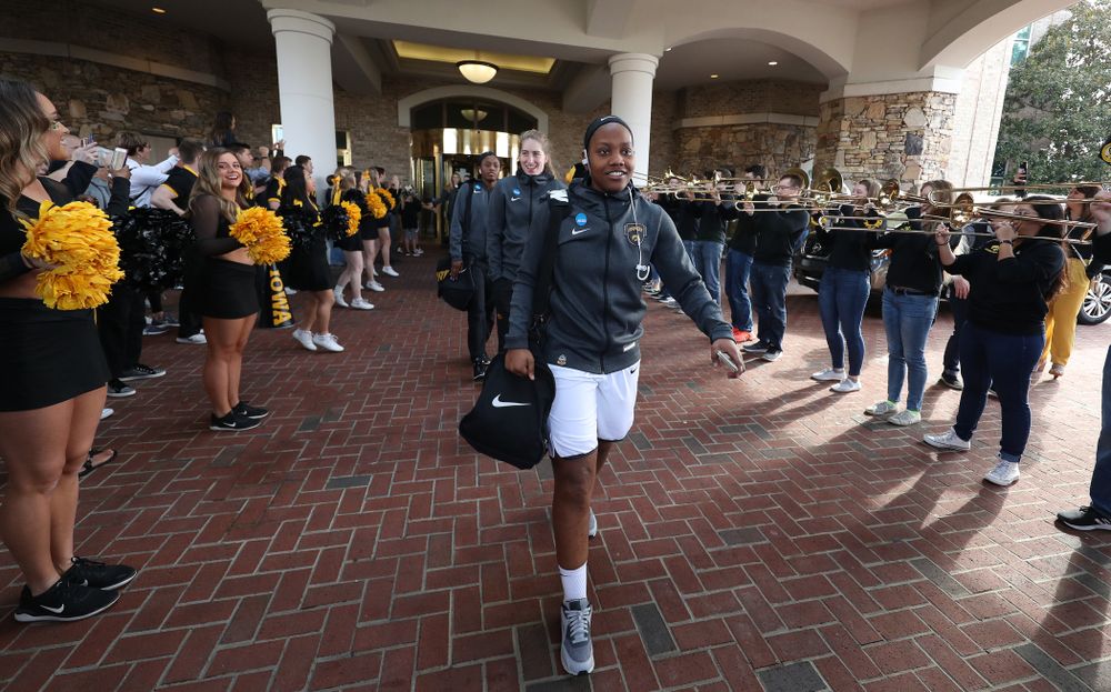 Iowa Hawkeyes guard Zion Sanders (24) during a send off at the hotel before their game against the NC State Wolfpack in the regional semi-final of the 2019 NCAA Women's College Basketball Tournament Saturday, March 30, 2019 at Greensboro Coliseum in Greensboro, NC.(Brian Ray/hawkeyesports.com)