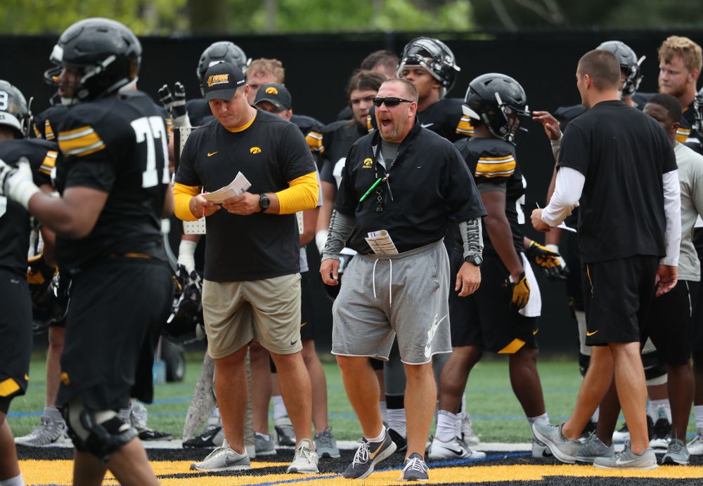 Iowa Hawkeyes offensive line coach Tim Polasek during practice No. 4 of Fall Camp Monday, August 6, 2018 at the Hansen Football Performance Center. (Brian Ray/hawkeyesports.com)