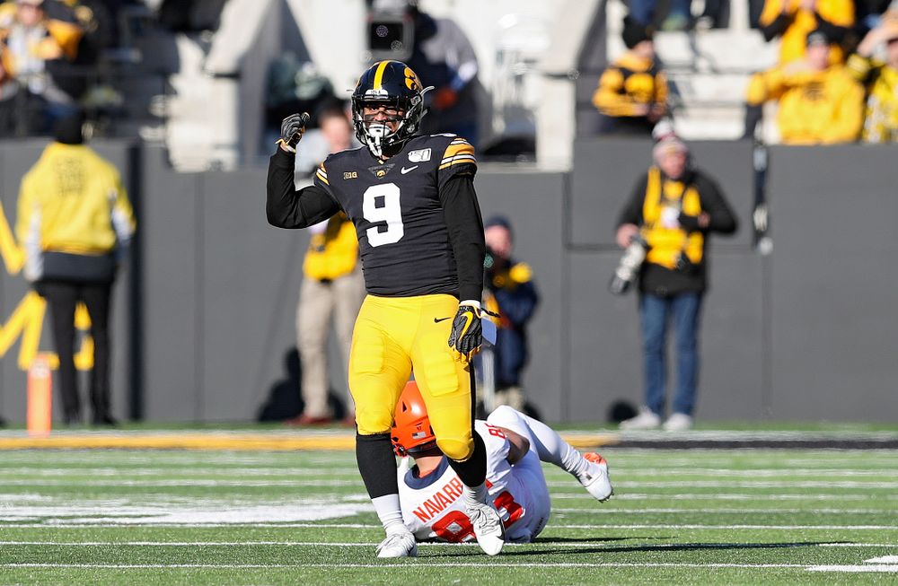 Iowa Hawkeyes defensive back Geno Stone (9) celebrates after a tackle during the third quarter of their game at Kinnick Stadium in Iowa City on Saturday, Nov 23, 2019. (Stephen Mally/hawkeyesports.com)