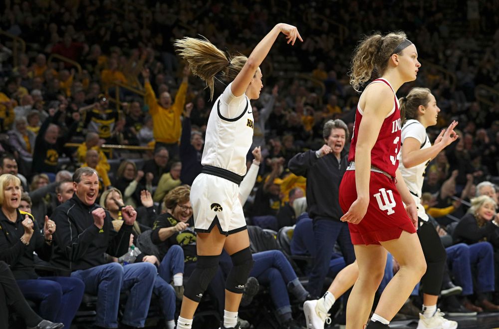 Iowa Hawkeyes guard Makenzie Meyer (3) makes a 3-pointer during the second overtime period of their game at Carver-Hawkeye Arena in Iowa City on Sunday, January 12, 2020. (Stephen Mally/hawkeyesports.com)