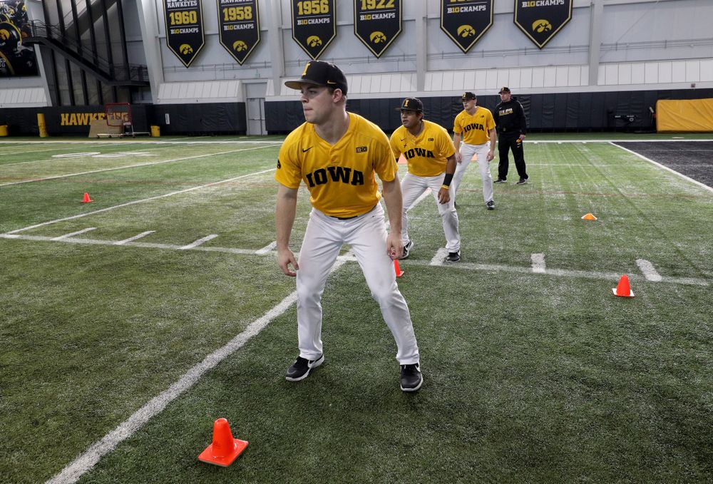 Iowa Hawkeyes outfielder Andrew Nord (10) runs a base running drill during practice Thursday, February 6, 2020 at the Indoor Practice Facility. (Brian Ray/hawkeyesports.com)