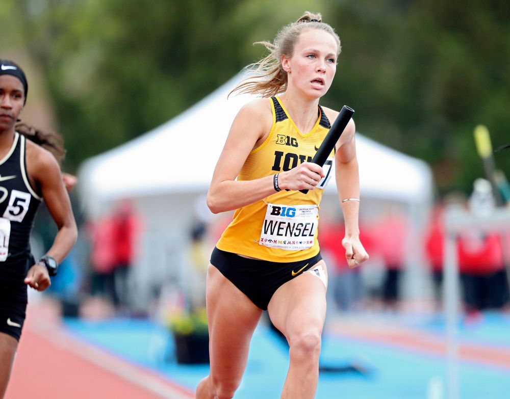 Iowa's Payton Wensel runs her section of the women’s 1600 meter relay event on the third day of the Big Ten Outdoor Track and Field Championships at Francis X. Cretzmeyer Track in Iowa City on Sunday, May. 12, 2019. (Stephen Mally/hawkeyesports.com)