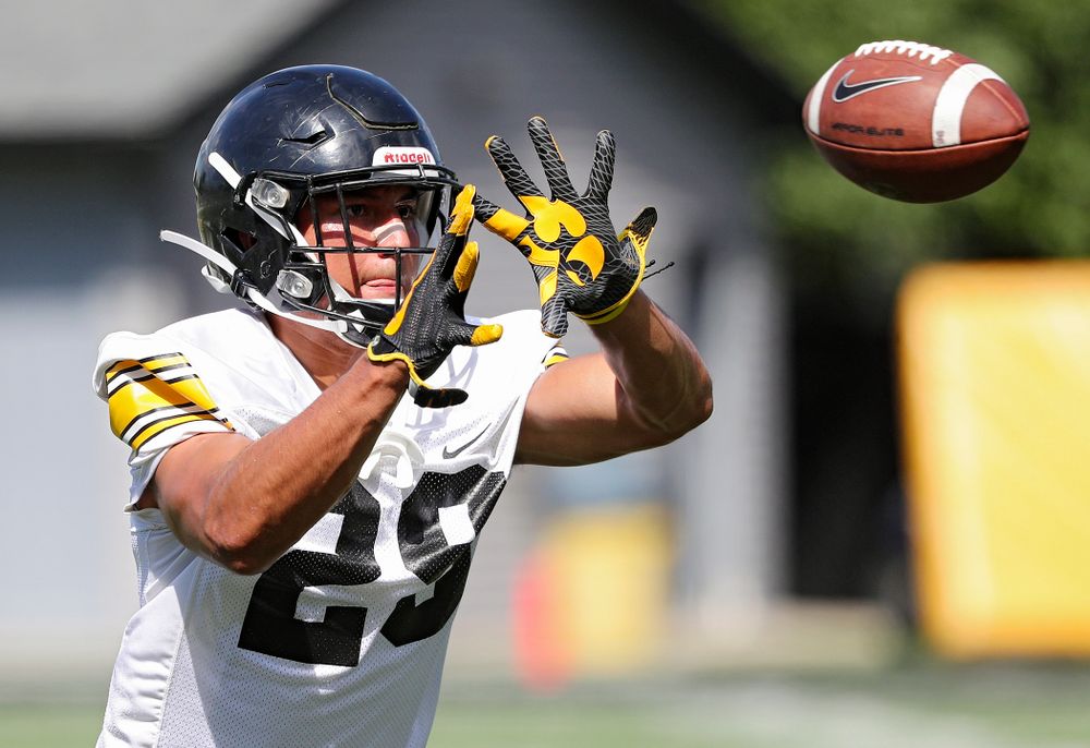 Iowa Hawkeyes defensive back Sebastian Castro (29) pulls in a pass as they run a drill during Fall Camp Practice No. 13 at the Hansen Football Performance Center in Iowa City on Friday, Aug 16, 2019. (Stephen Mally/hawkeyesports.com)