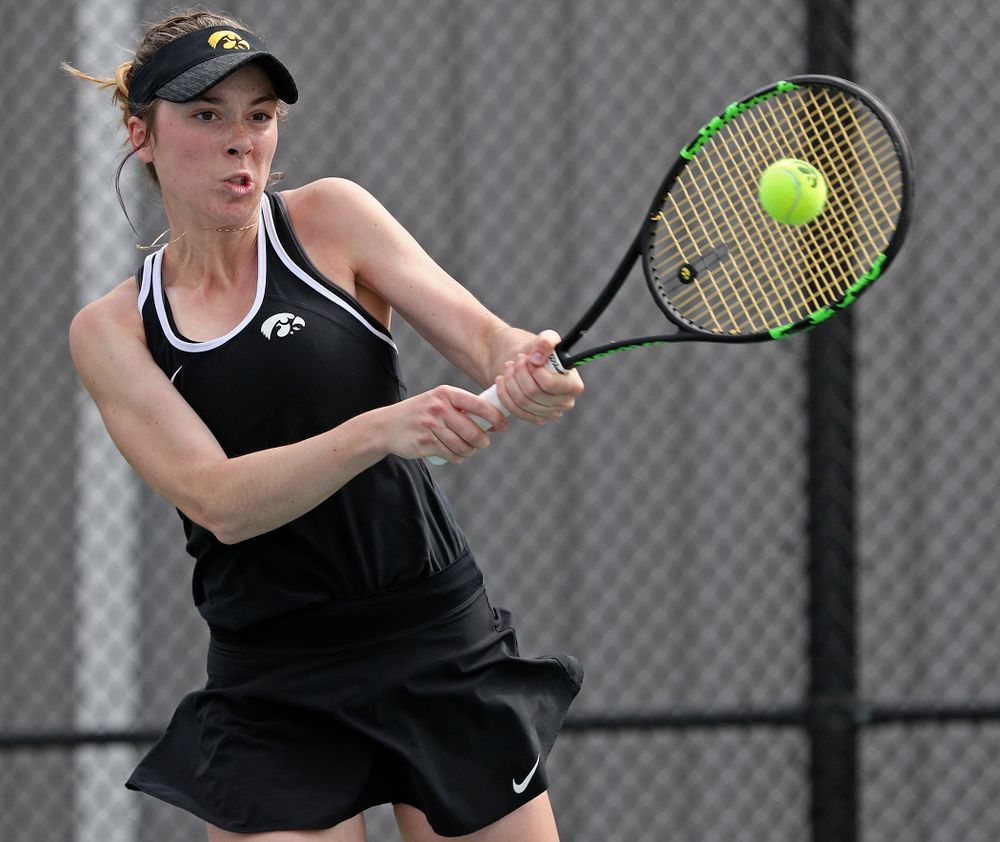 Iowa's Samantha Mannix during a match against Rutgers at the Hawkeye Tennis and Recreation Complex in Iowa City on Friday, Apr. 5, 2019. (Stephen Mally/hawkeyesports.com)