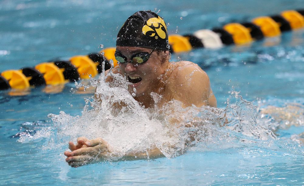 Iowa's Daniel Swanepoel competes in the 200-yard breastroke during a meet against Michigan and Denver at the Campus Recreation and Wellness Center on November 3, 2018. (Tork Mason/hawkeyesports.com)